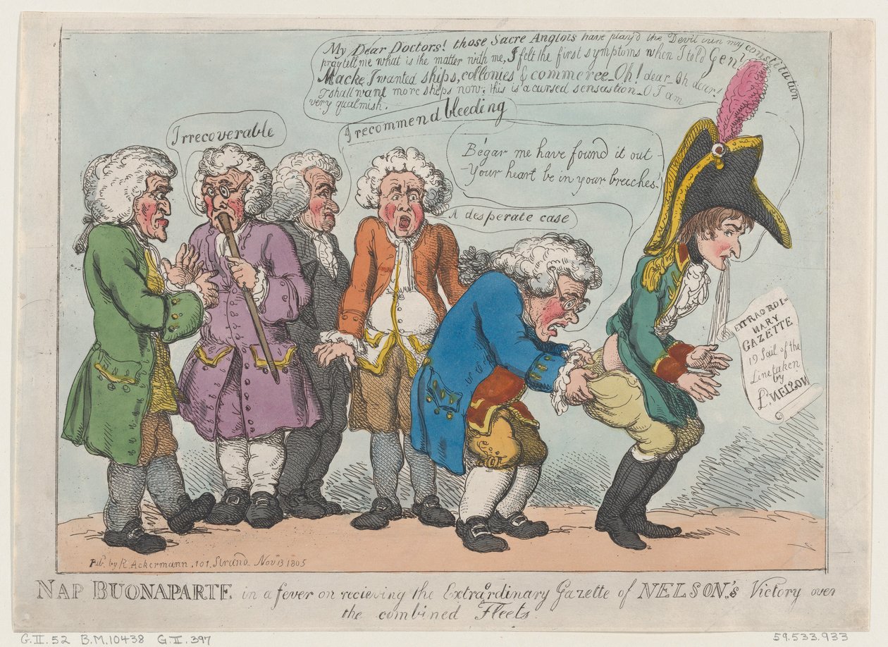 Nap Buonaparte kuumeessa vastaanottaessaan Nelsonin ... poikkeuksellisen lehden 13. marraskuuta 1805. tekijältä Thomas Rowlandson