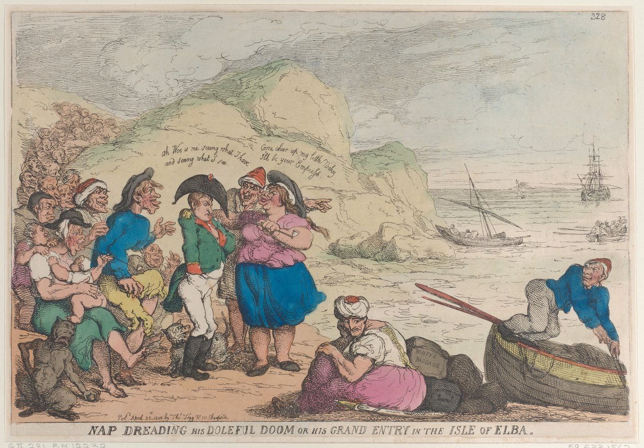 Napa pelkäämässä tuhoisaa tuomiotaan tai hänen suurta tuloaan Elban saarelle, 20. huhtikuuta ..., 20. huhtikuuta 1814. tekijältä Thomas Rowlandson