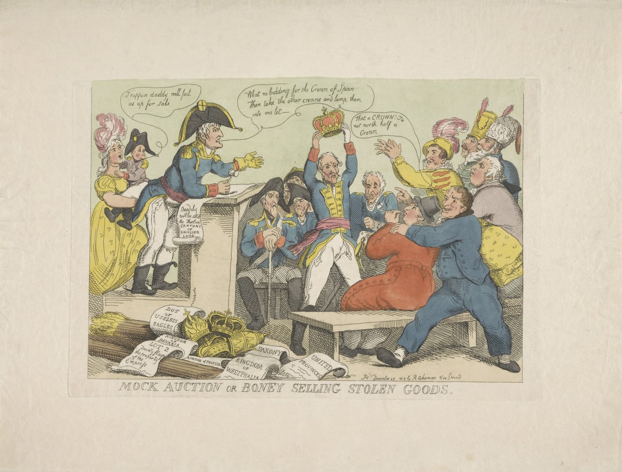 Napoleon myy varastettuja tavaroita, 1813 Huutokauppa tai Boney, joka myy varastettuja tavaroita (nimi esineessä) tekijältä Thomas Rowlandson