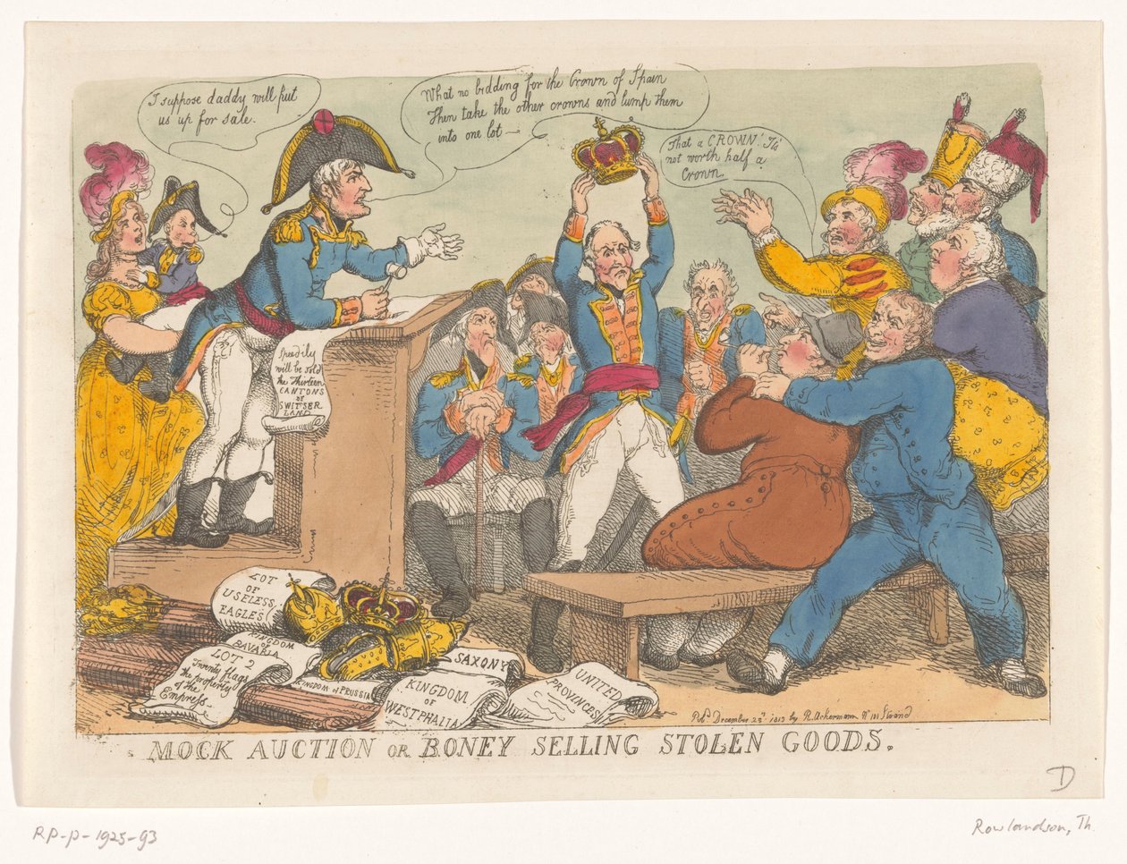 Napoleon myy varastettuja tavaroita, 1813 Huutokauppa tai Boney, joka myy varastettuja tavaroita (nimi esineessä) tekijältä Thomas Rowlandson