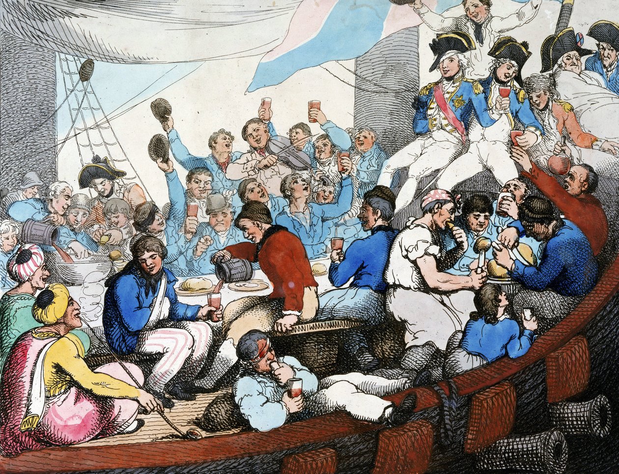 Napoleonin sodat, Egyptin sotaretki (1798-1801): Amiraali Horatio Nelson (1758-1805) juhlii joukkojensa kanssa loistavaa voittoaan Niilin taistelussa (Aboukirin taistelu) (elokuu 1798), veneessään tekijältä Thomas Rowlandson
