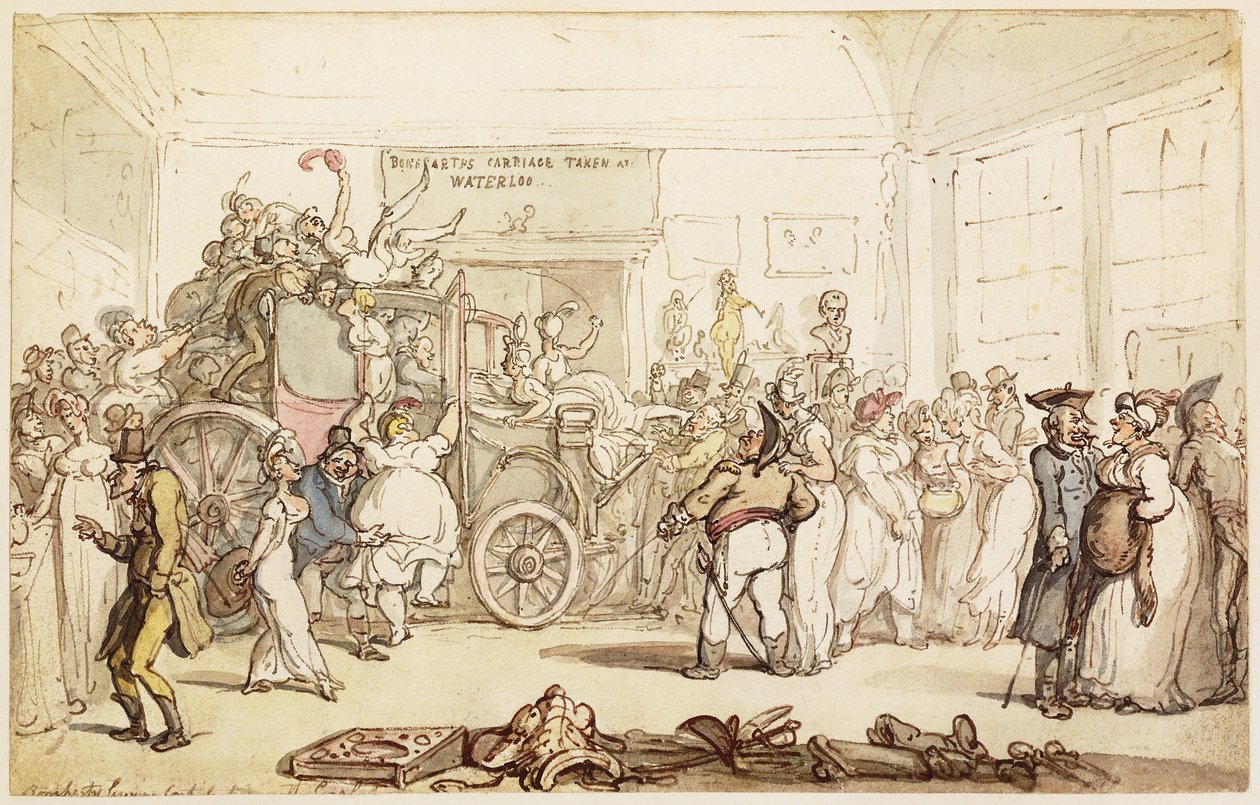 Muodikas Lontoo katselee Napoleonin valmentajaa elokuvasta "Historiallinen kertomus kampanjasta Hollannissa, vuonna 1815", 1817 tekijältä Thomas Rowlandson
