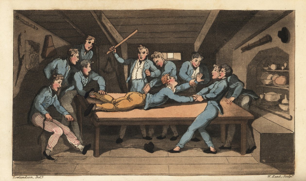 Merivoimien rangaistus aterian pilaamisesta. Johnny lyötiin kepillä sotapöydän päälle suolan lisäämiseksi vanukkaan. W. Readin käsinvärinen kuparilevykaiverrus Thomas Rowlandsonin kuvituksen jälkeen Alfred Burtonin teoksesta The tekijältä Thomas Rowlandson