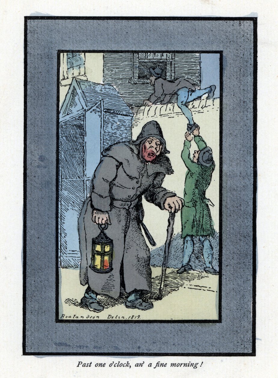 Yövartija lyhtyineen ja keppineen, välinpitämätön kahdelle murtovarkaalle, jotka menivät hänen takanaan olevaan taloon (1819). Puukaiverrus, joka perustuu Thomas Rowlandsonin (1756-1827) maalaukseen, julkaistu Lontoon kriisissä: kuusi viehättävää lasta ja  tekijältä Thomas Rowlandson