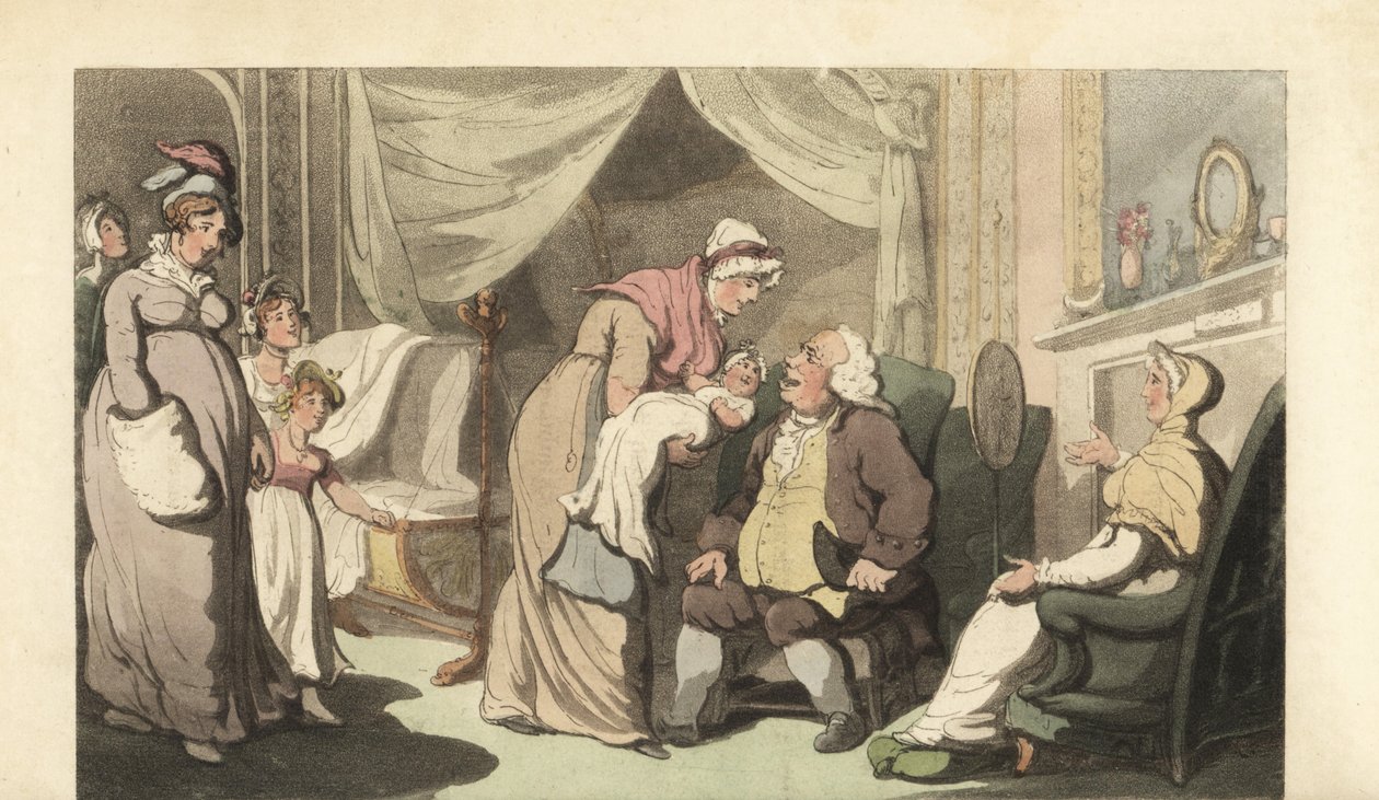 Sairaanhoitaja näyttää vauvaa vanhalle miehelle ja naiselle tekijältä Thomas Rowlandson