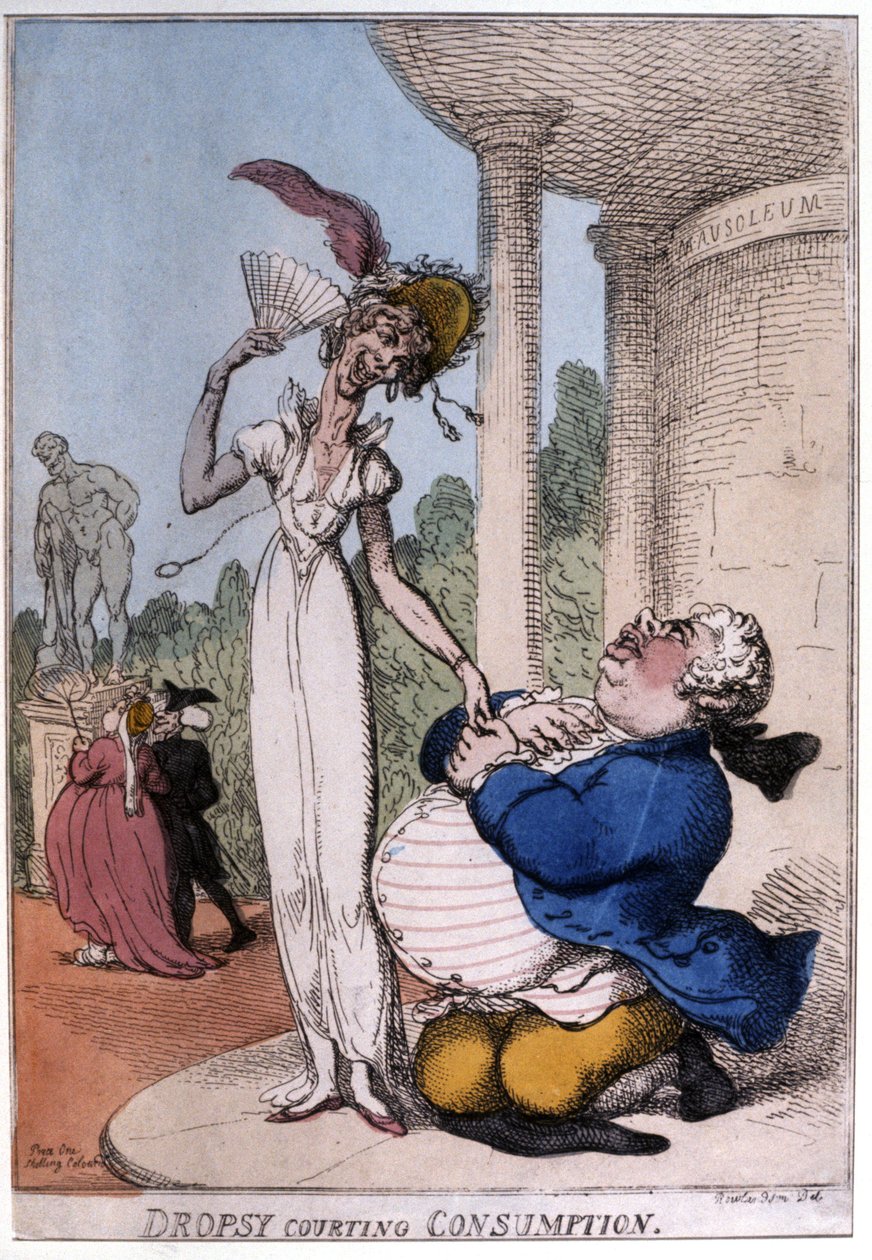 Lihava mies seurustelee tuberkuloosipotilaan kanssa: vesipapu ja kulutus, 1800-luvun alku (karikatyyri) tekijältä Thomas Rowlandson