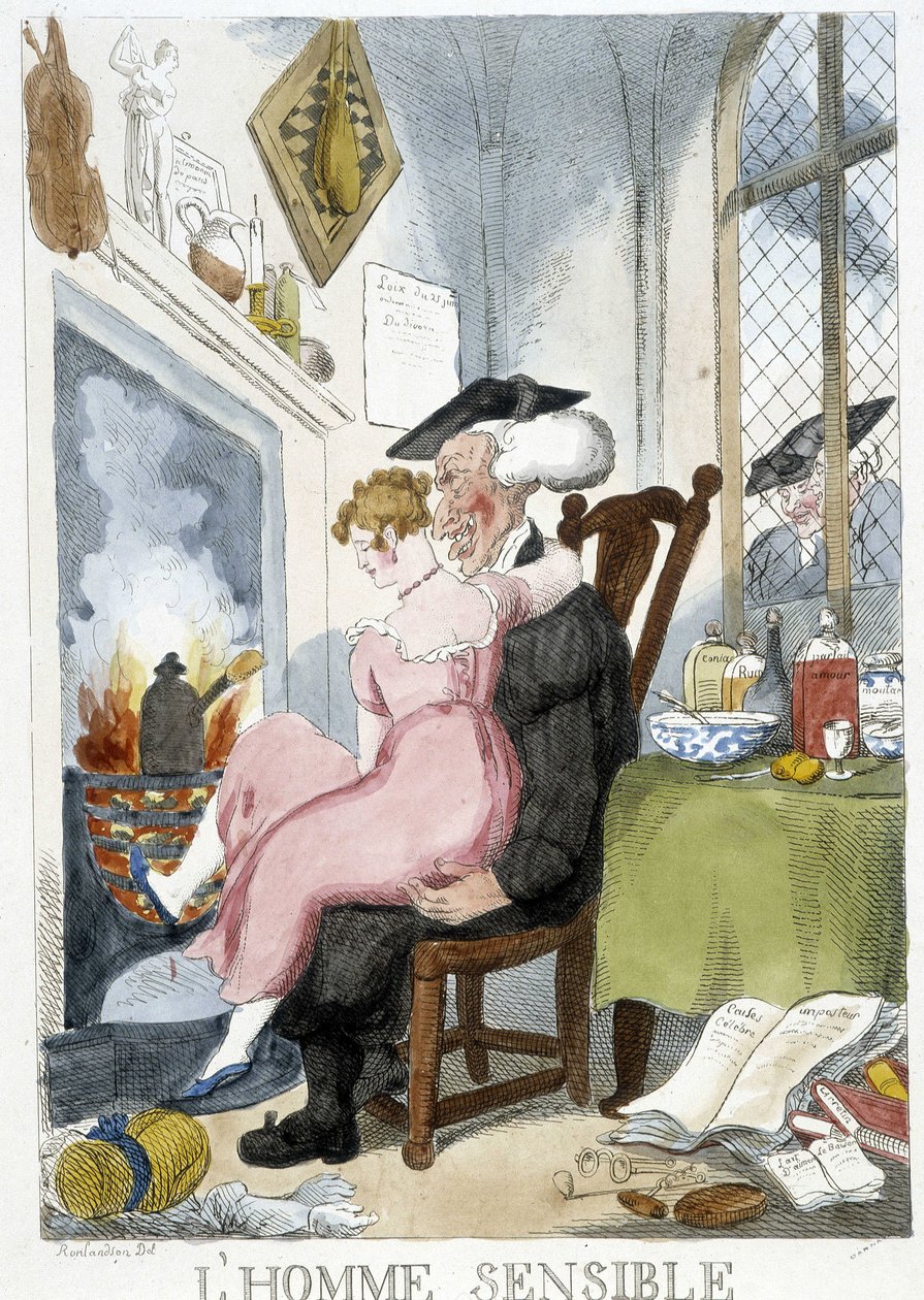Vanha mies (esiastinen) hapuilee polvillaan istuvaa nuorta naista - Rowlandsonin karikatyyri tekijältä Thomas Rowlandson