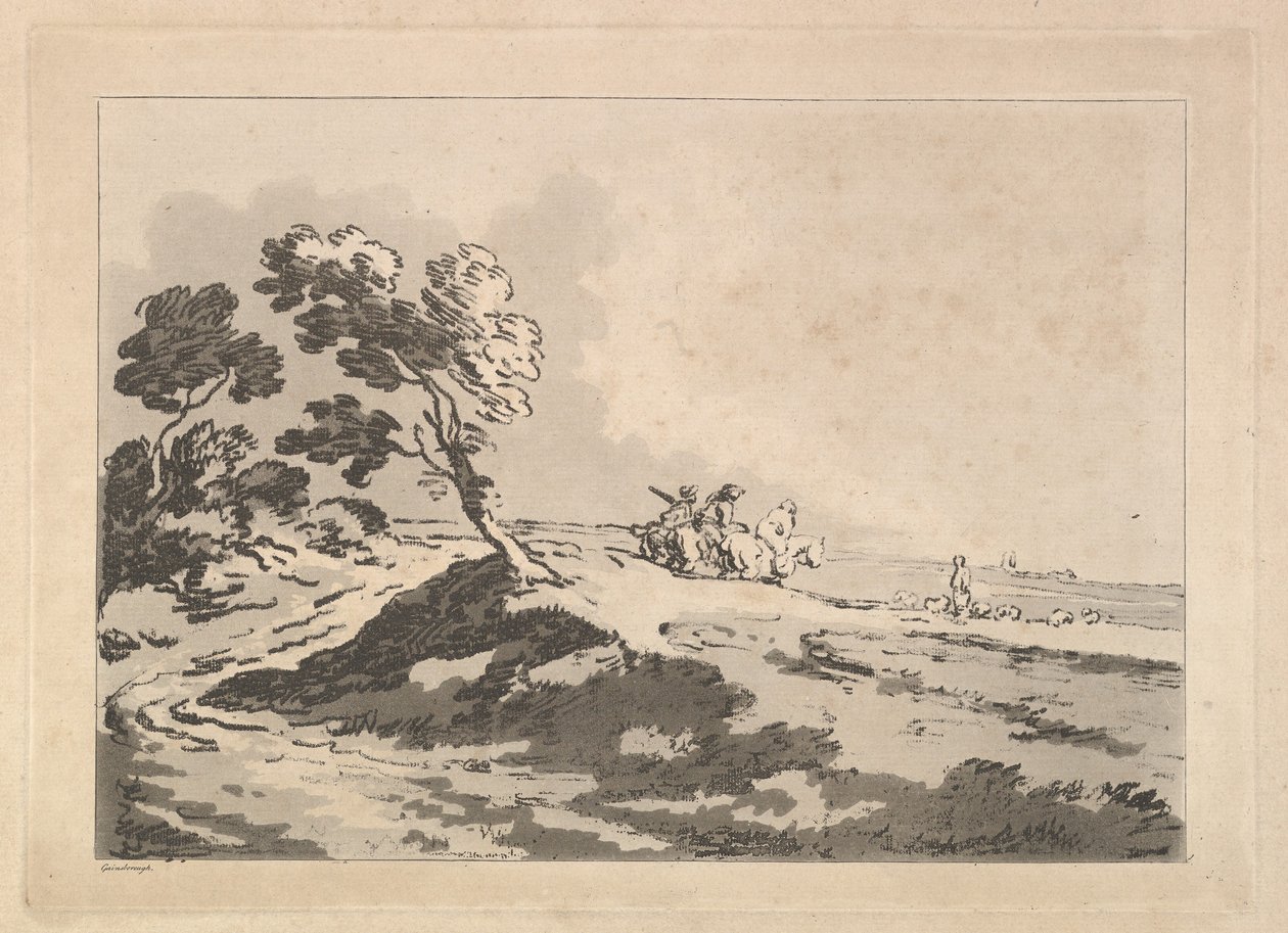 Avoin maisema, jossa kolme ratsumiestä keskimatkalla, oikealle, Windblo..., 1784-88. tekijältä Thomas Rowlandson