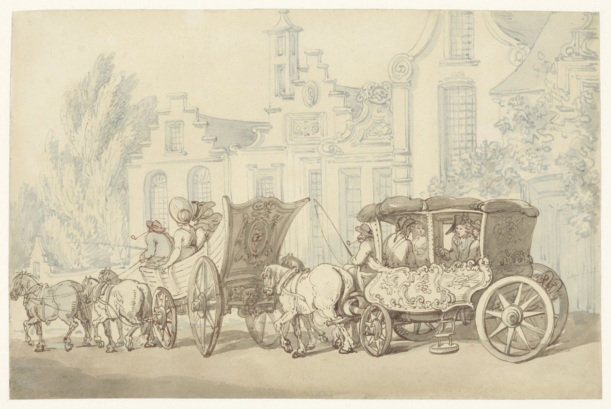 Avoin retkiauto ja vaunu lähes hollantilaisella kadulla tekijältä Thomas Rowlandson