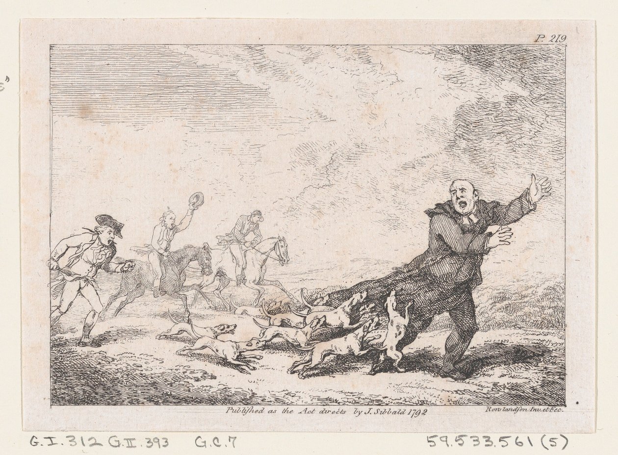 Parson Adams osallistui vaaralliseen metsästysseikkailuun teoksesta The Adventures of Joseph Andre..., 1792. tekijältä Thomas Rowlandson