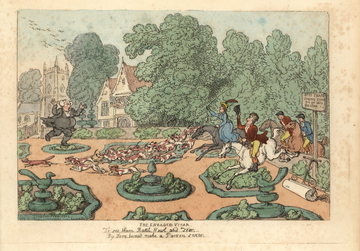 Parson kiroilee ketunmetsästäjiä ja koirat tallaavat hänen puutarhaansa. tekijältä Thomas Rowlandson