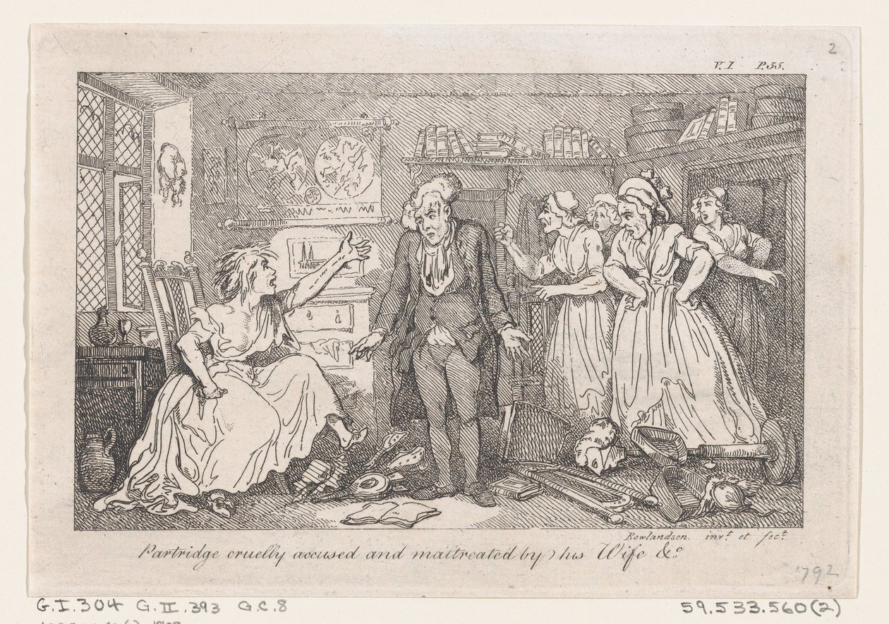 Partridgea julmasti vaimonsa syytti ja pahoinpiteli elokuvasta The History of Tom Jones, a Fo..., 1792. tekijältä Thomas Rowlandson