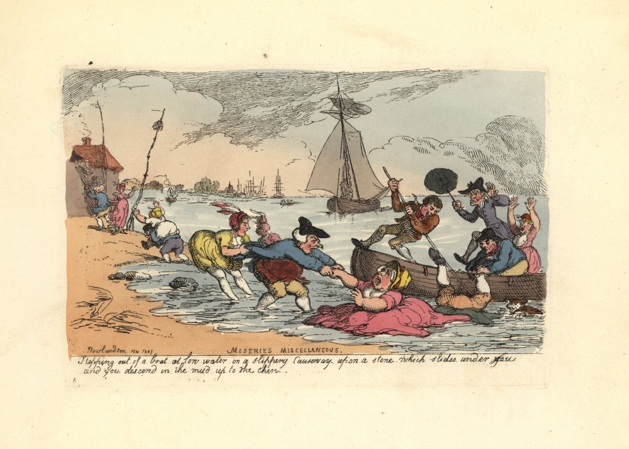 Matkustajat liukastumassa ja putoamassa joen mutaan. tekijältä Thomas Rowlandson