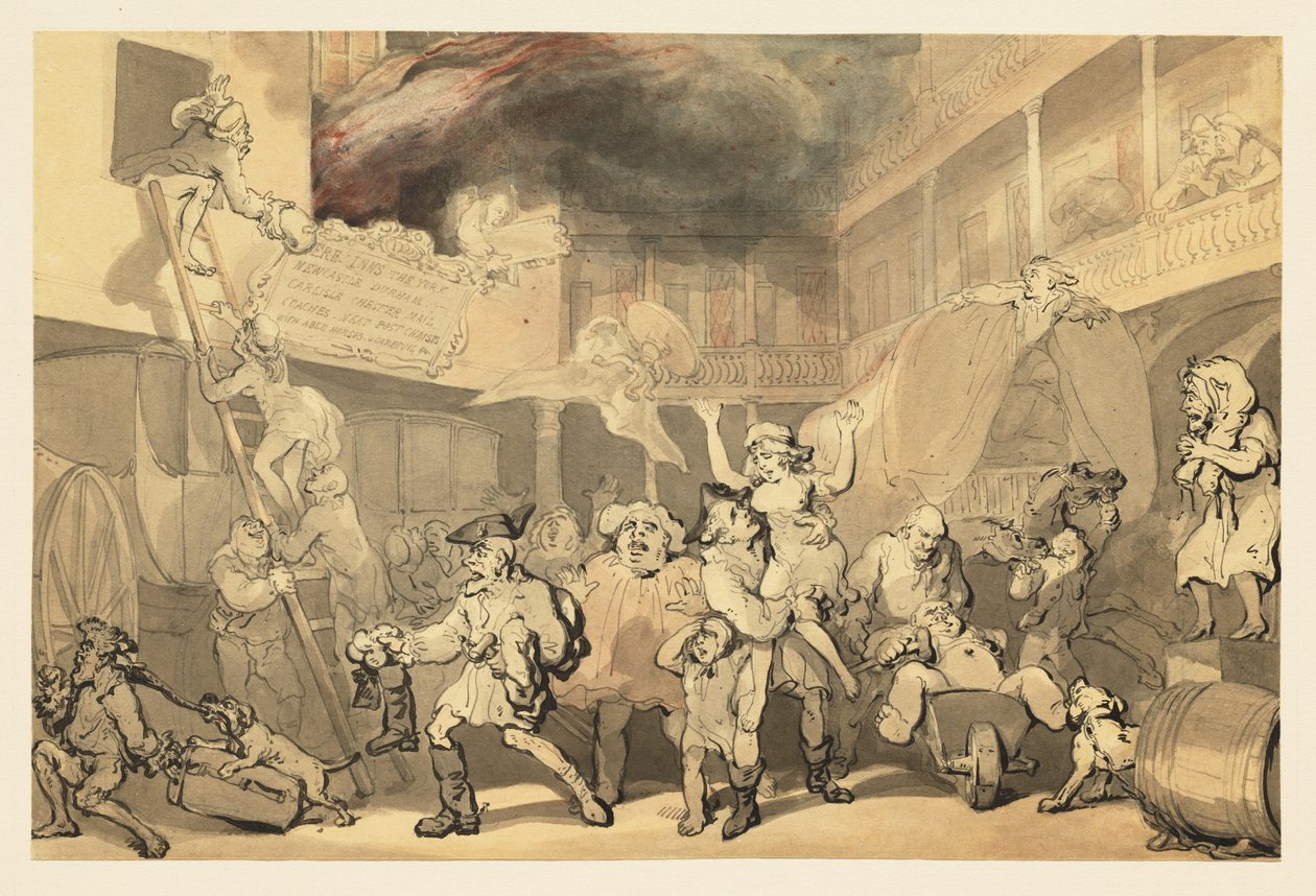 Peregrine pelastaa Emilian majatalon tulipalosta tekijältä Thomas Rowlandson