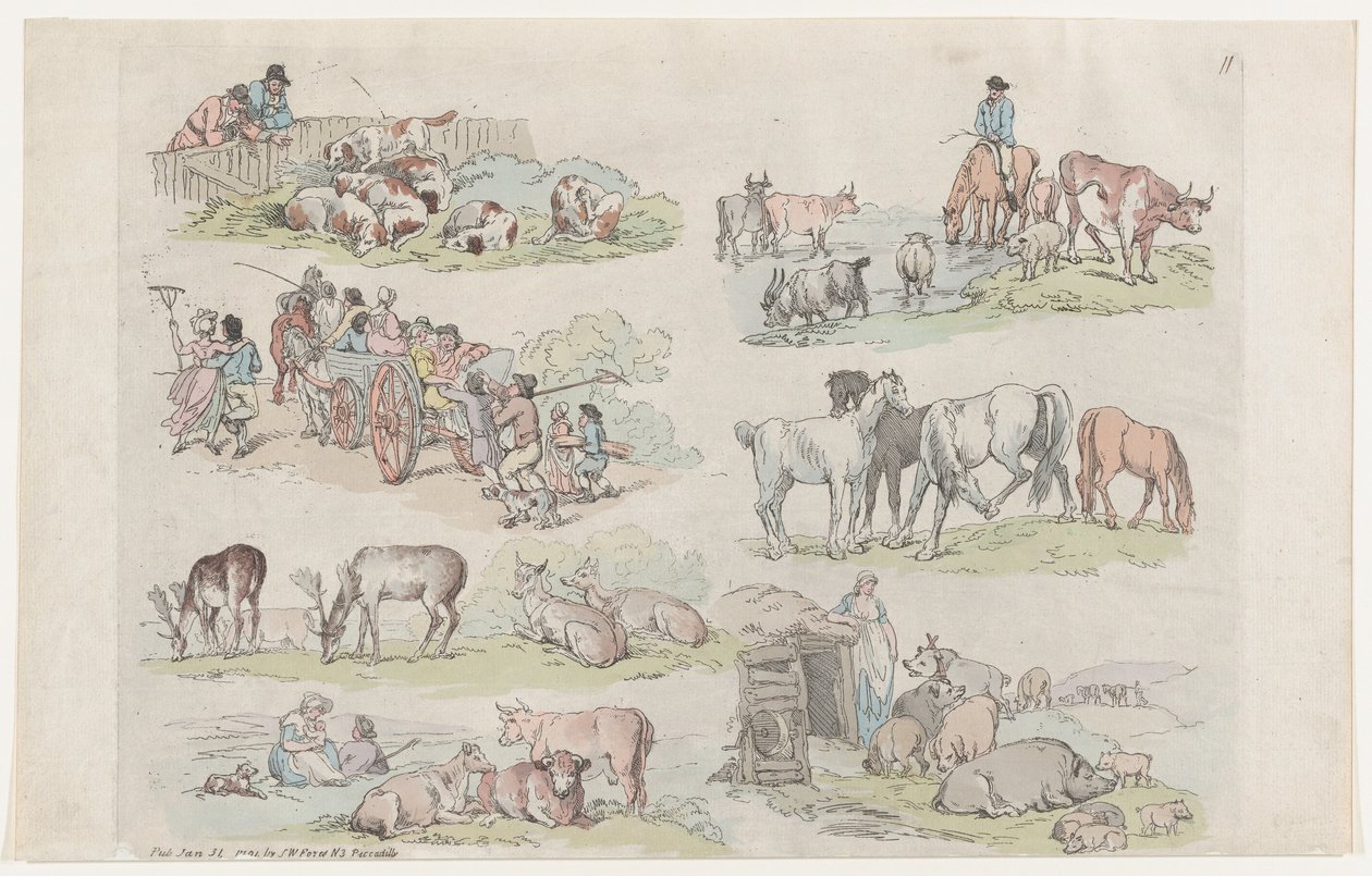 Taulu 11, Figuurien, maisemien ja karjan ääriviivat... oppijoiden käyttöön..., 31. tammikuuta 1791. tekijältä Thomas Rowlandson