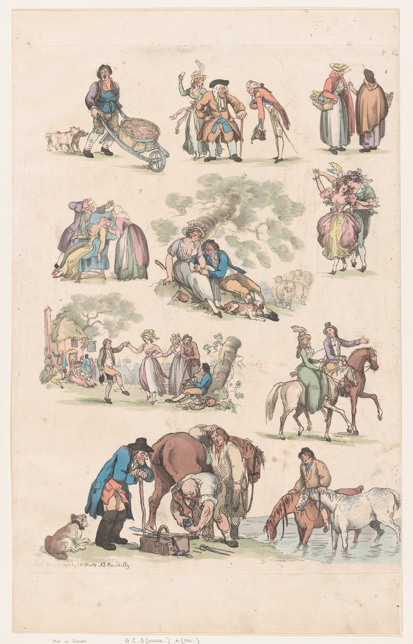 Taulu 14, Figuurien, maisemien ja karjan ääriviivat... oppijoiden käyttöön, Ju..., 1. kesäkuuta 1790. tekijältä Thomas Rowlandson