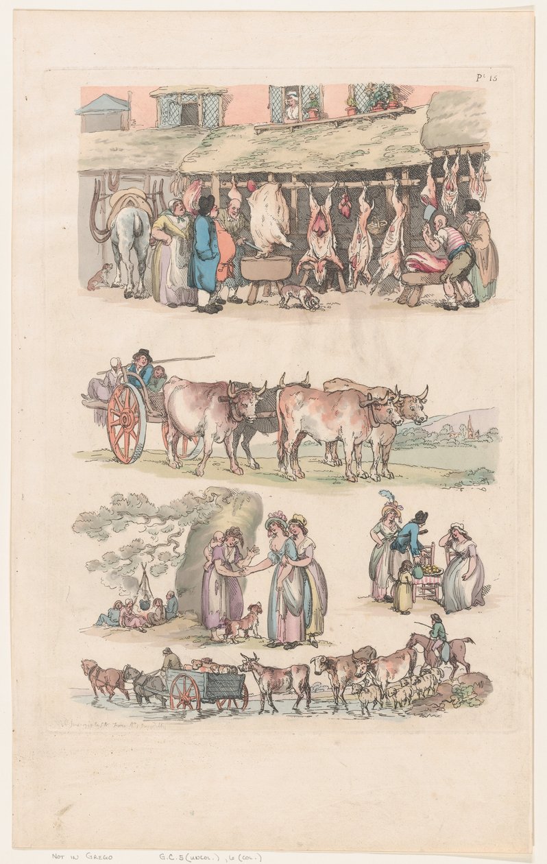 Taulu 15, Figuurien, maisemien ja karjan ääriviivat... oppijoiden käyttöön, Ju..., 1. kesäkuuta 1790. tekijältä Thomas Rowlandson