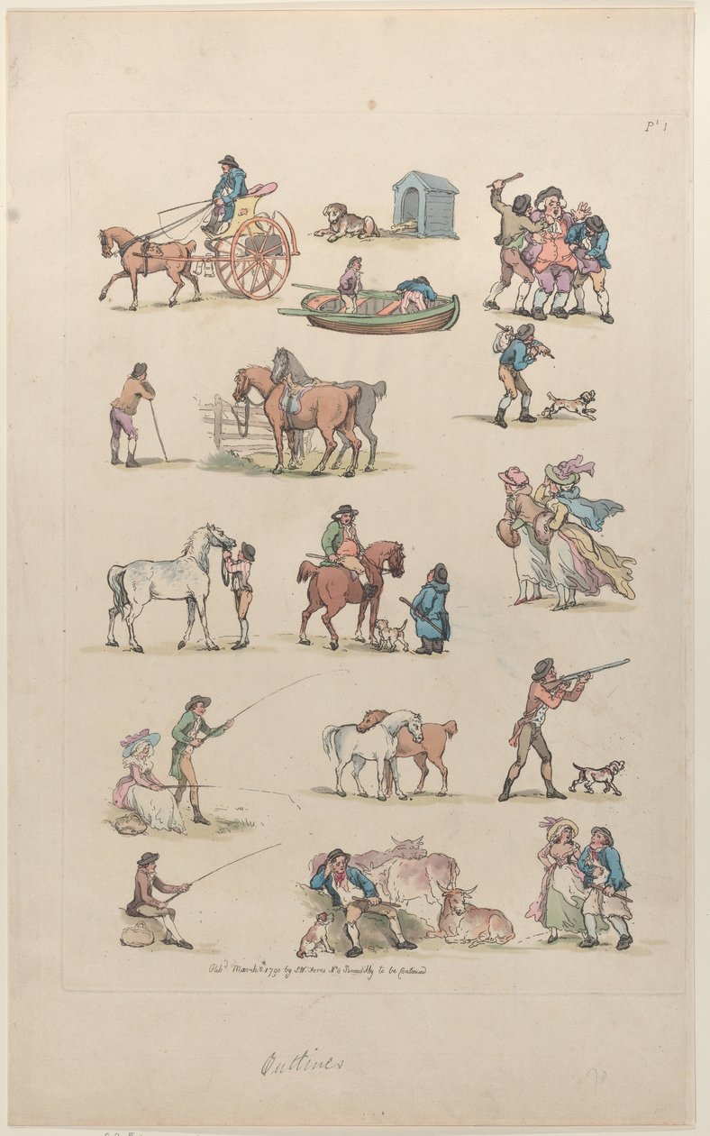 Taulu 1, Figuurien, maisemien ja karjan ääriviivat... oppijoiden käyttöön, Ma..., 8. maaliskuuta 1790. tekijältä Thomas Rowlandson