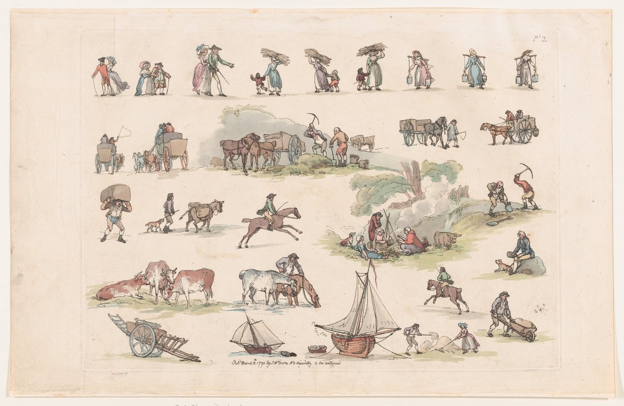Taulu 2, Figuurien, maisemien ja karjan ääriviivat... oppijoiden käyttöön, Ma..., 8. maaliskuuta 1790. tekijältä Thomas Rowlandson