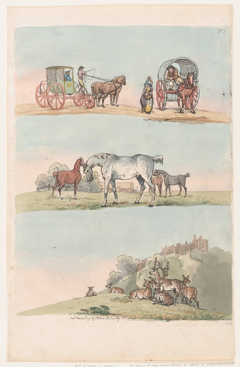 Taulu 3, Figuurien, maisemien ja karjan ääriviivat... oppijoiden käyttöön, Ma..., 8. maaliskuuta 1790. tekijältä Thomas Rowlandson