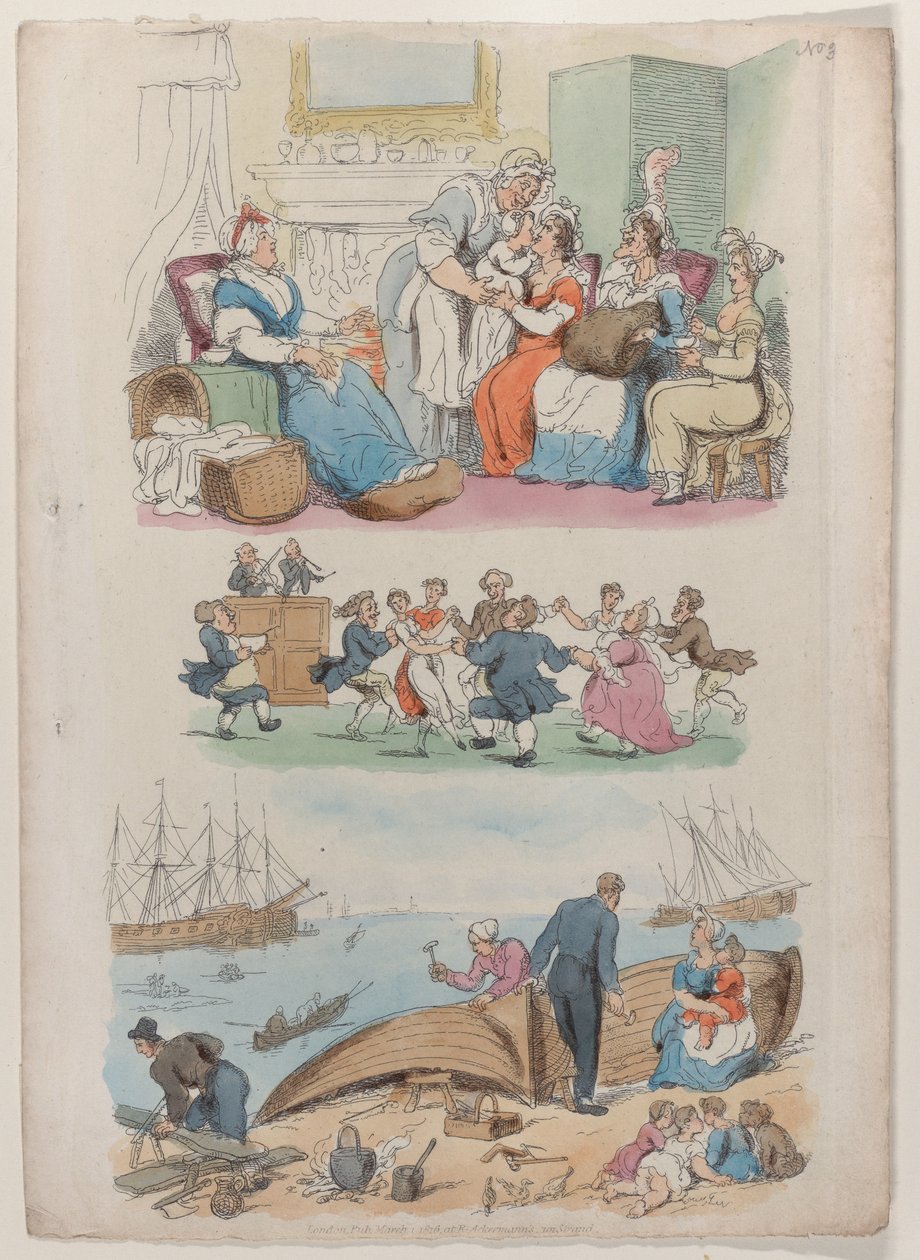 Levy 4: Makaava vierailu, pyöreä tanssi, sarjasta World in Miniature, 1816., 1816. tekijältä Thomas Rowlandson