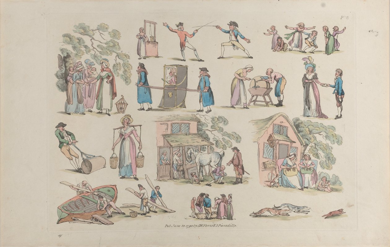 Taulu 8, Figuurien, maisemien ja karjan ääriviivat... oppijoiden käyttöön, Ju..., 20. kesäkuuta 1790. tekijältä Thomas Rowlandson