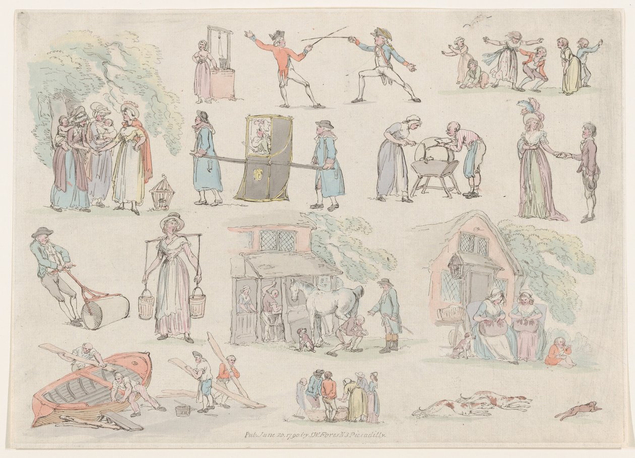 Taulu 8, Figuurien, maisemien ja karjan ääriviivat... oppijoiden käyttöön, Ju..., 20. kesäkuuta 1790. tekijältä Thomas Rowlandson