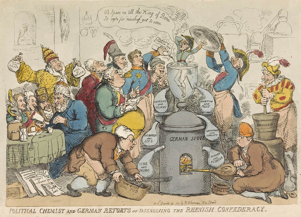 Poliittinen kemisti ja saksalaiset retortit eli Reinin konfederaation hajottaminen, pub. 1813 (käsin väritetty kaiverrus). tekijältä Thomas Rowlandson
