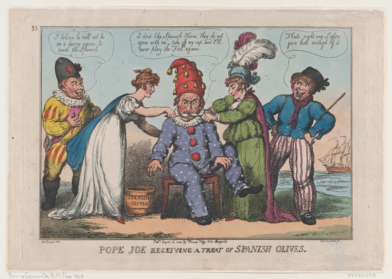 Paavi Joe vastaanottamassa espanjalaisia oliiveja, 23. elokuuta 1808, 23. elokuuta 1808. tekijältä Thomas Rowlandson
