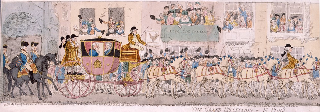 Kuningas Yrjö III:n ja kuningatar Charlotten kulkue Pyhän Paavalin katedraaliin, Lontoo, 1789 tekijältä Thomas Rowlandson