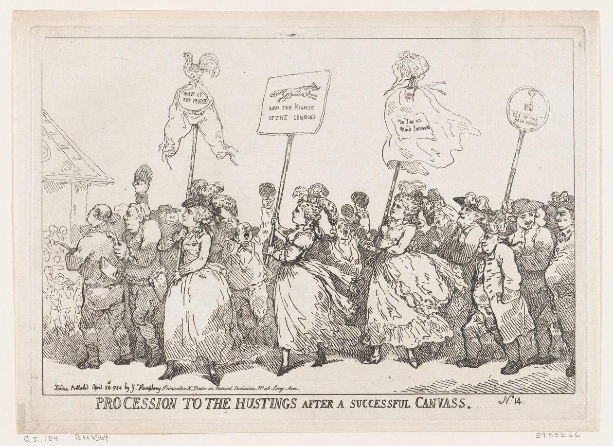 Kulkue Hustingsiin onnistuneen kierroksen jälkeen, 30. huhtikuuta 1784, 30. huhtikuuta 1784. tekijältä Thomas Rowlandson
