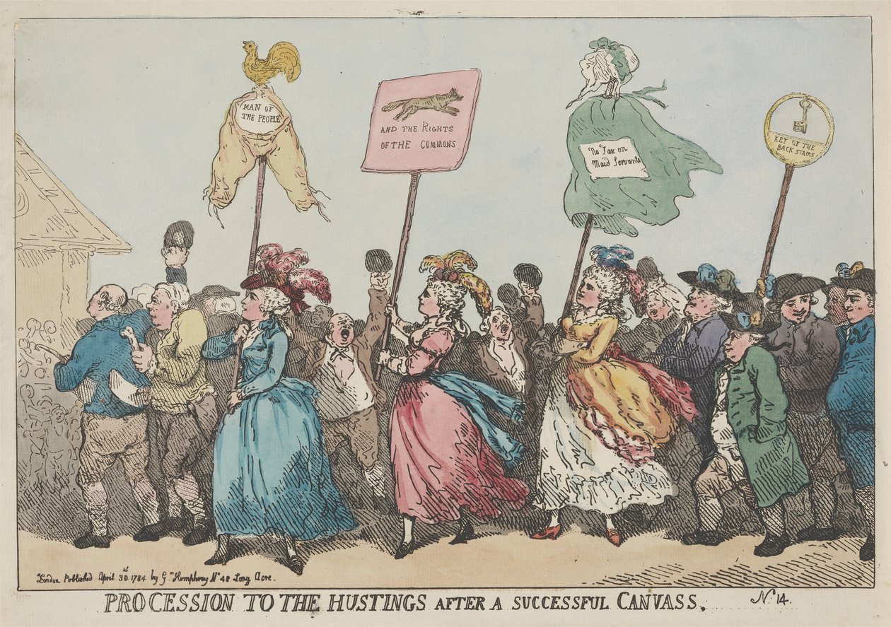 Kiertueen onnistumisen jälkeen järjestetty kulkue vaalipuhujalavalle tekijältä Thomas Rowlandson