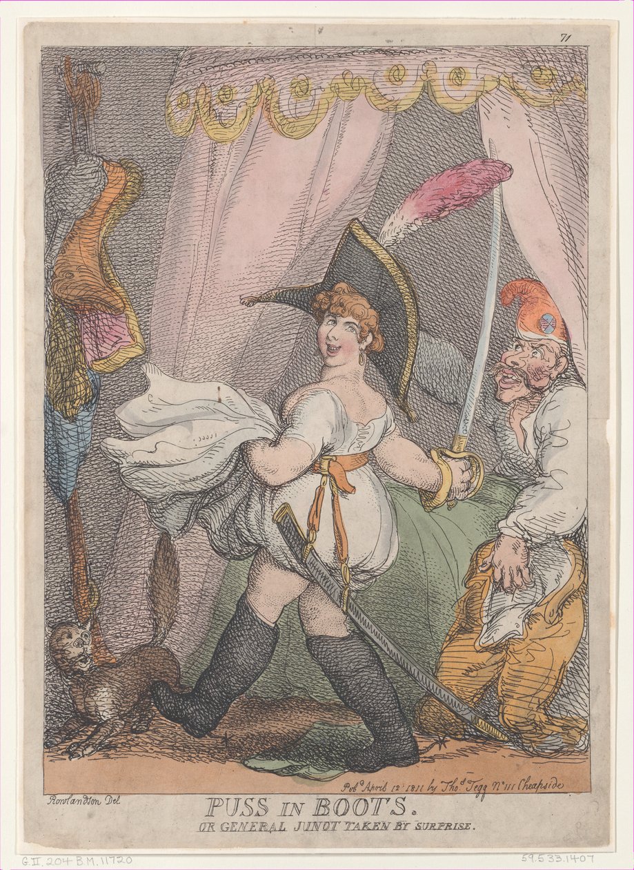 Puss in Boots tai kenraali Junot yllättäen, 12. huhtikuuta 1811., 12. huhtikuuta 1811. tekijältä Thomas Rowlandson
