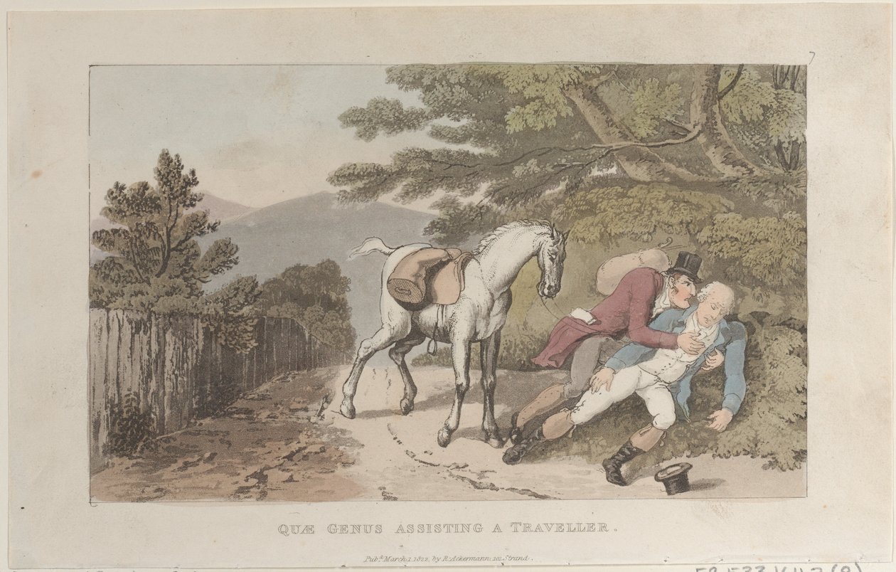 Quae-suku matkustajaa avustamassa, julkaisusta The History of Johnny Quae Genus, The Litt..., 1. maaliskuuta 1822. tekijältä Thomas Rowlandson