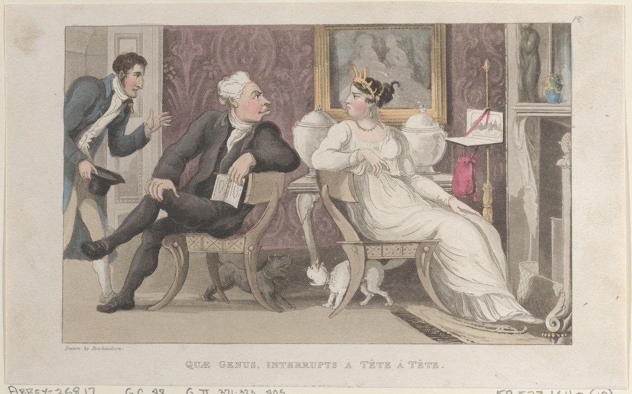 Quae Genus, keskeyttää Tête à Tête, julkaisusta The History of Johnny Quae Genus, T..., 1. tammikuuta 1822. tekijältä Thomas Rowlandson