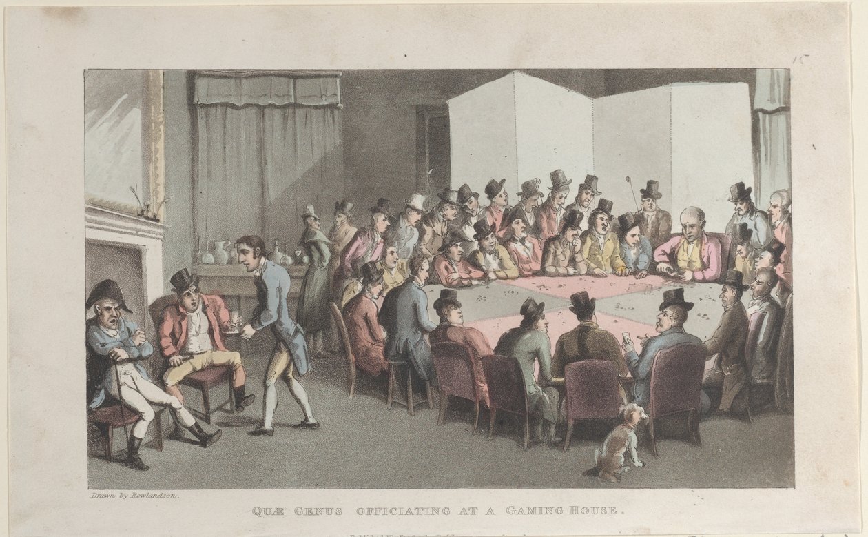 Quae-suku toimimassa pelitalossa, julkaisusta The History of Johnny Quae Gen..., 1. marraskuuta 1821. tekijältä Thomas Rowlandson