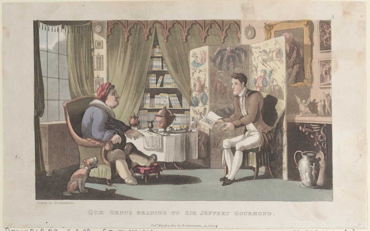 Quae-suku lukee Sir Jeffery Gourmandille julkaisusta The History of Johnny Quae Genu..., 1. maaliskuuta 1822. tekijältä Thomas Rowlandson