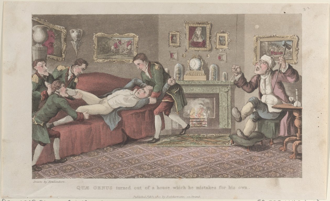 Quae-suku kääntyi ulos talosta, jonka hän pitää omakseen, The Hist..., 1. helmikuuta 1822. tekijältä Thomas Rowlandson