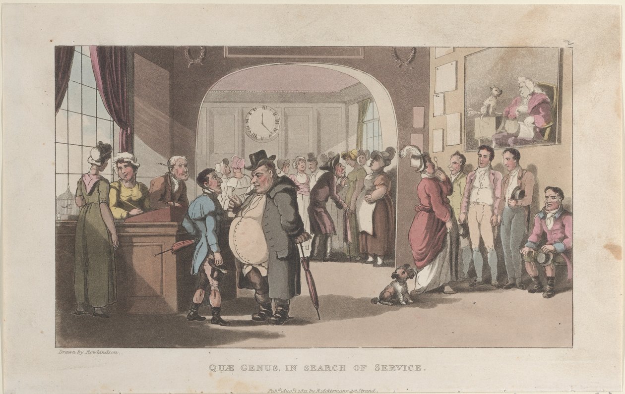 Quae-suku palvelua etsimässä, julkaisusta The History of Johnny Quae Genus, The Lit..., 1. elokuuta 1821. tekijältä Thomas Rowlandson