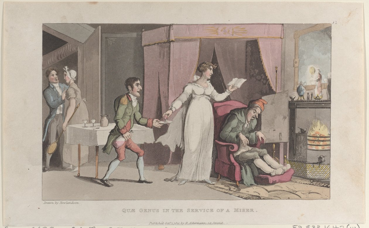 Quae Genus in the Service of a Miser, julkaisusta The History of Johnny Quae Genus, T..., 1. lokakuuta 1821. tekijältä Thomas Rowlandson