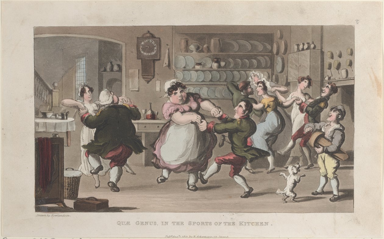 Quae-suku, keittiön urheilussa, julkaisusta The History of Johnny Quae Genus..., 1. elokuuta 1821. tekijältä Thomas Rowlandson