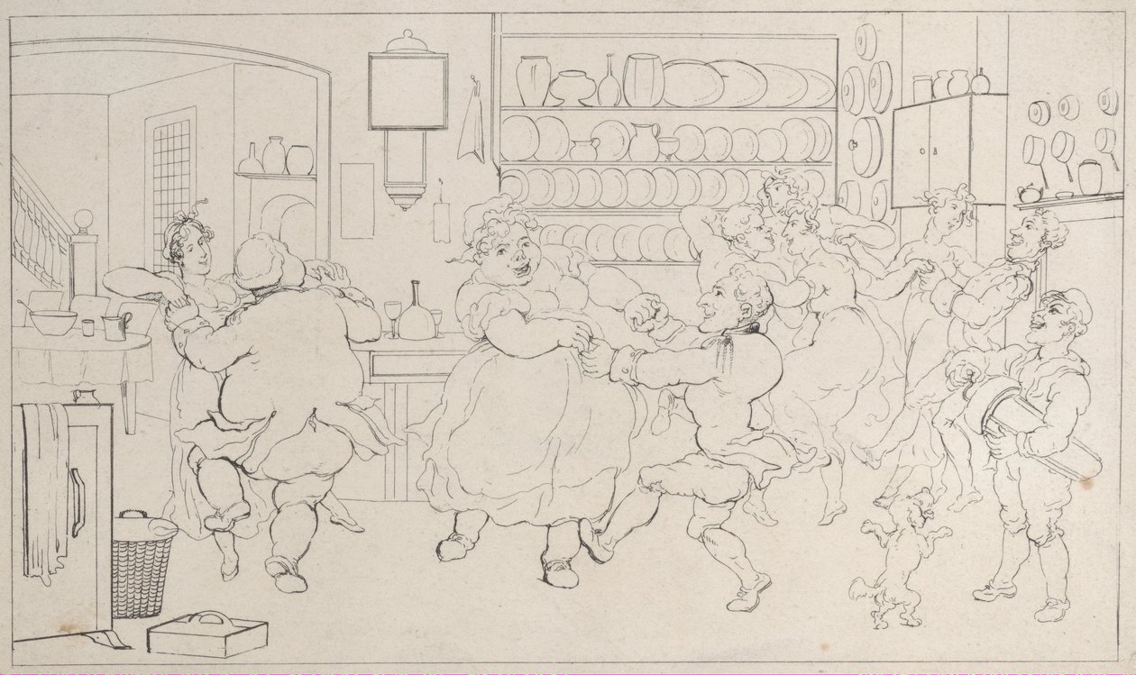 Quae-suku keittiön urheilussa, julkaisusta The History of Johnny Quoe Genus: the Littl..., 1822. tekijältä Thomas Rowlandson