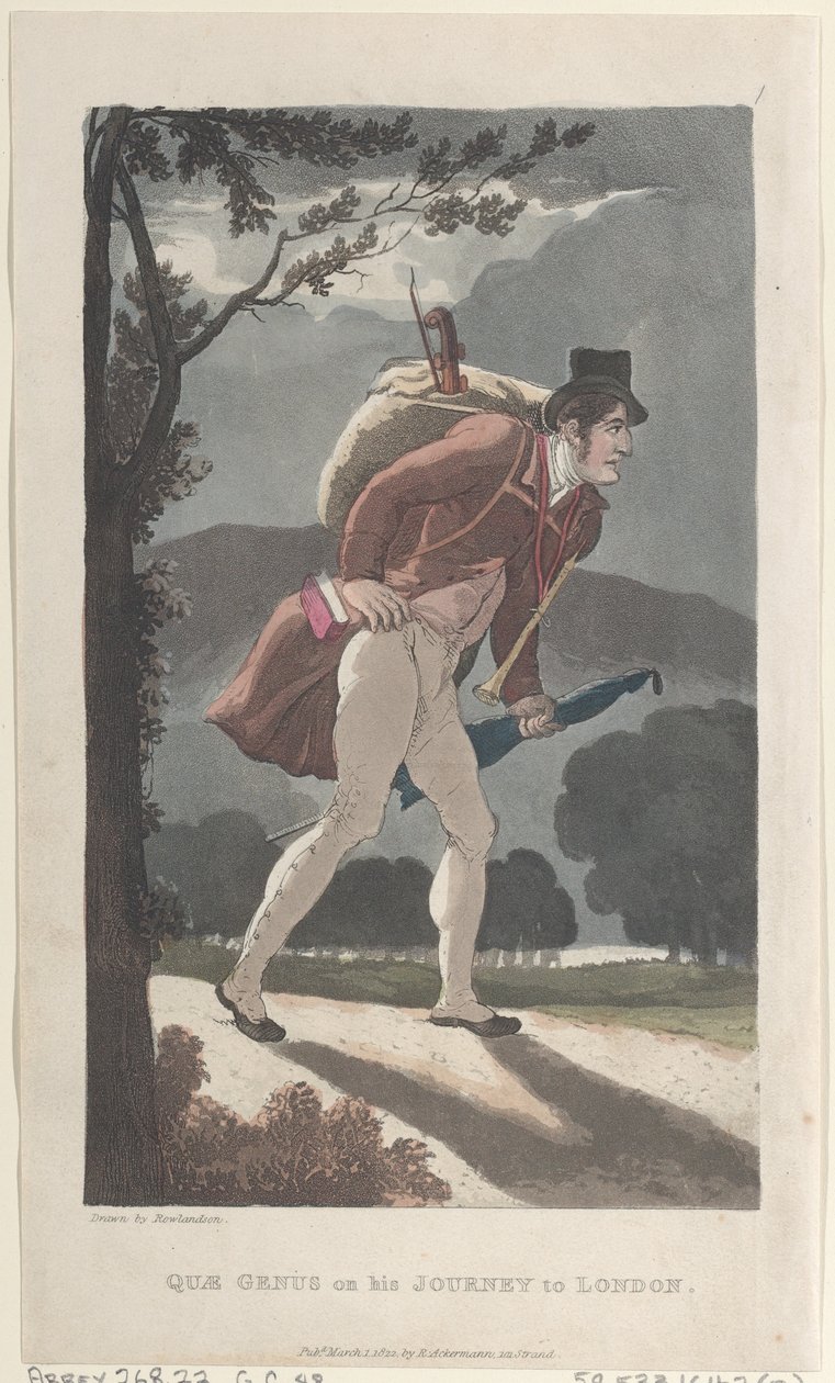 Quae-suku matkallaan Lontooseen, julkaisusta The History of Johnny Quae Genus, The ..., 1. maaliskuuta 1822. tekijältä Thomas Rowlandson