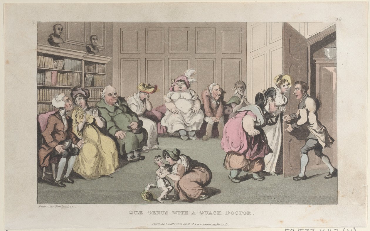 Quae-suku ja Quack Doctor, julkaisusta The History of Johnny Quae Genus, The Lit..., 1. lokakuuta 1821. tekijältä Thomas Rowlandson