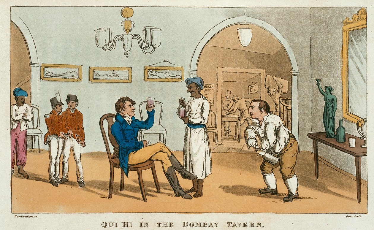 Qui Hi Bombay Tavernissa, kirjasta "Suurmestari tai Qui Hin seikkailut Hindostanissa". Hudibras-runo kahdeksassa laulussa, Quiz, William Combe (1741-1823), julkaisija Thomas Tegg, Lontoo, 181 tekijältä Thomas Rowlandson
