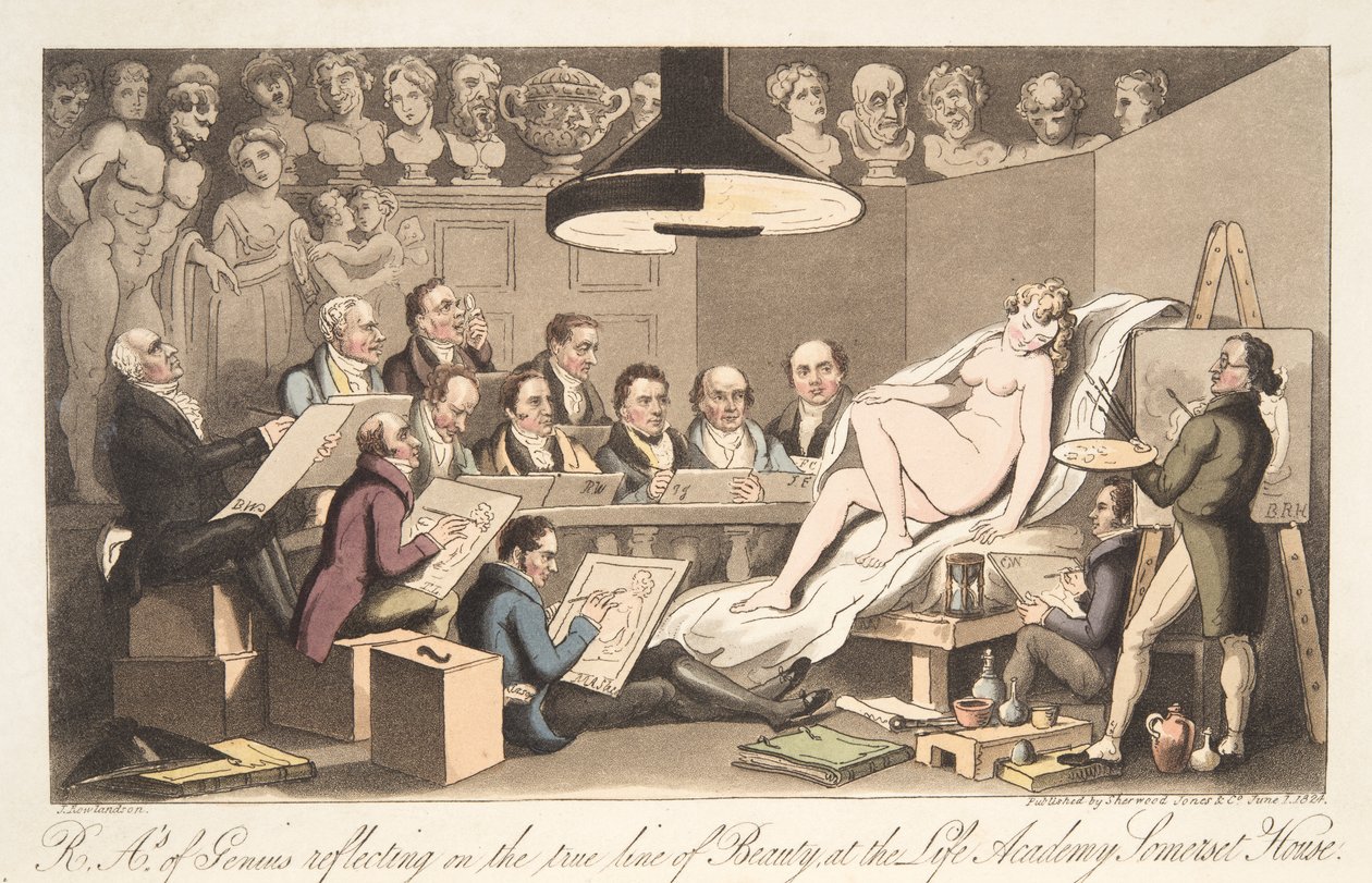 Geniusin R---A---ys pohtii kauneuden todellista linjaa Life Academyssa, Somerset Housessa, The English Spy -pubista. 1824 (käsinvärinen kaiverrus) tekijältä Thomas Rowlandson