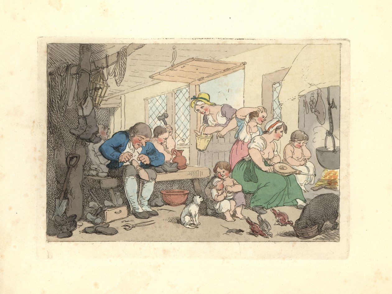 Regency-suutari korjaa kenkiä tungosta huoneessa. tekijältä Thomas Rowlandson