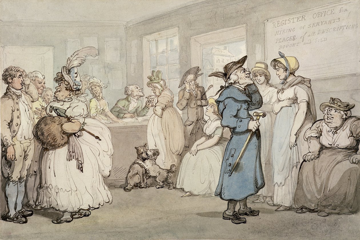 Rekisteröintitoimisto palvelijoiden palkkaamiseksi, n. 1805 (kynä ja muste vesivärillä paperilla) tekijältä Thomas Rowlandson