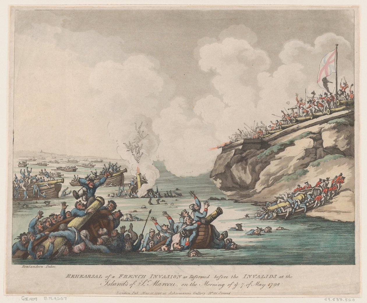 Ranskalaisen hyökkäyksen harjoitus, joka suoritettiin ennen invaideja saarilla ..., 18. toukokuuta 1798. tekijältä Thomas Rowlandson