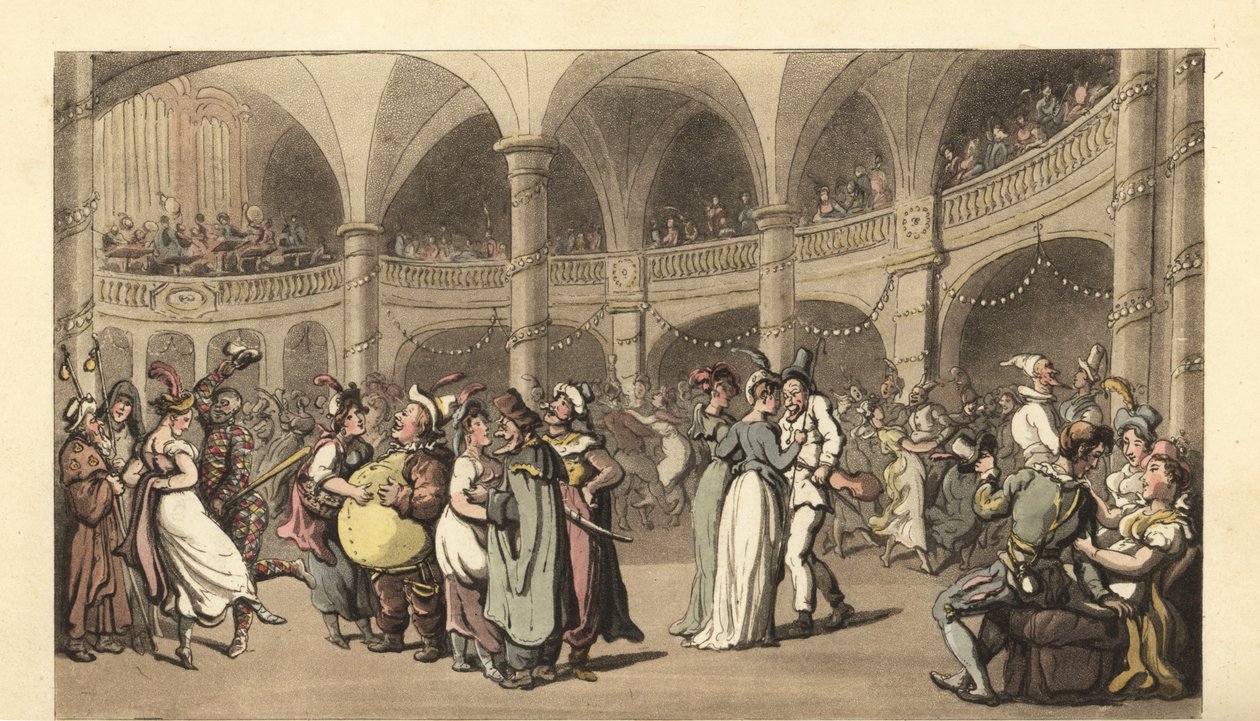 Juhlijia puvussa naamioballissa suuressa teatterissa tekijältä Thomas Rowlandson
